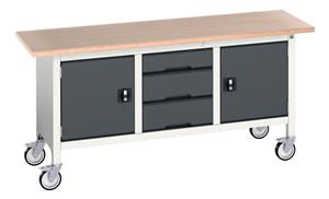 verso mobile storage bench (mpx) with cupboard / 3 drawer cab / cupboard. WxDxH: 1750x600x830mm. RAL 7035/5010 or selected Verso Mobile Work Benches for assembly and production
